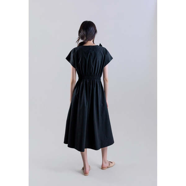 Psophia Cotton Midi Dress with Open V-Neck - Black