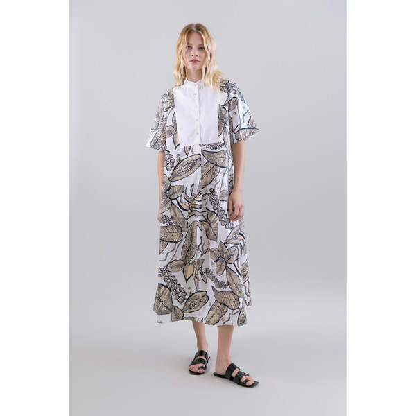 Psophia Retro Bloomleaf Long Dress With Bib Mao Collar - White