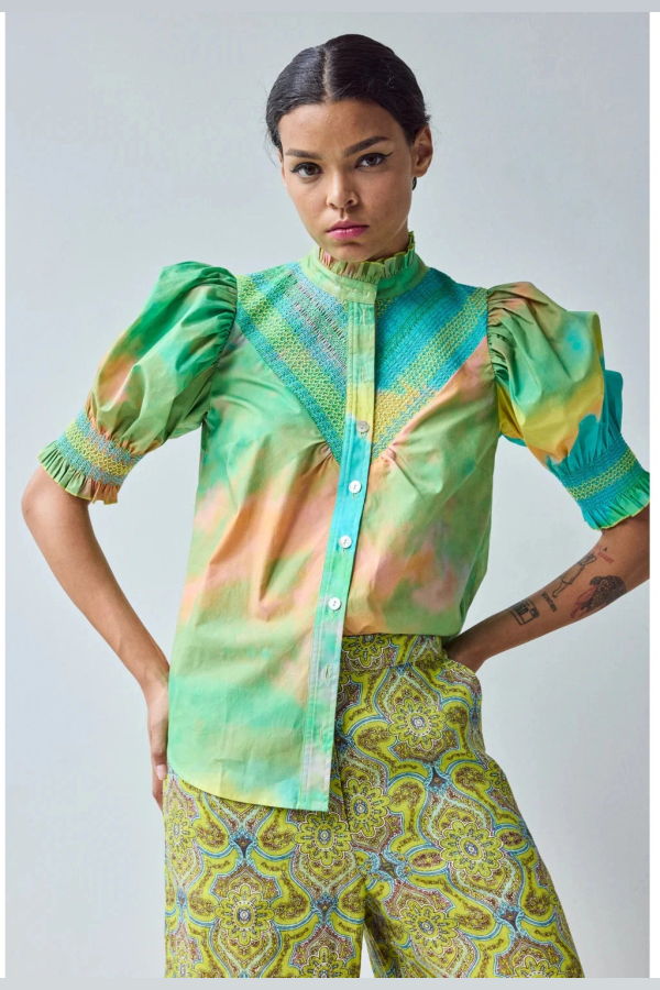 Hope for Flowers by Tracy Reece Short Sleeve Smocked Shirt - Spring Landscape