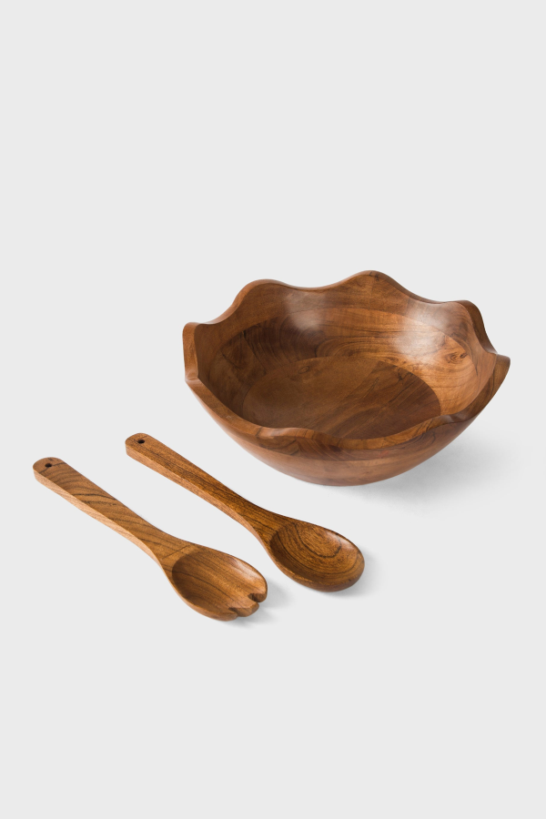 Mela Artisans Acacia Wood Large Scalloped Bowl with Servers
