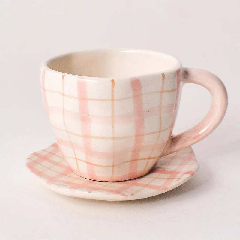 Casa Amarosa Handmade Ceramic Mug & Coaster Set Plaid