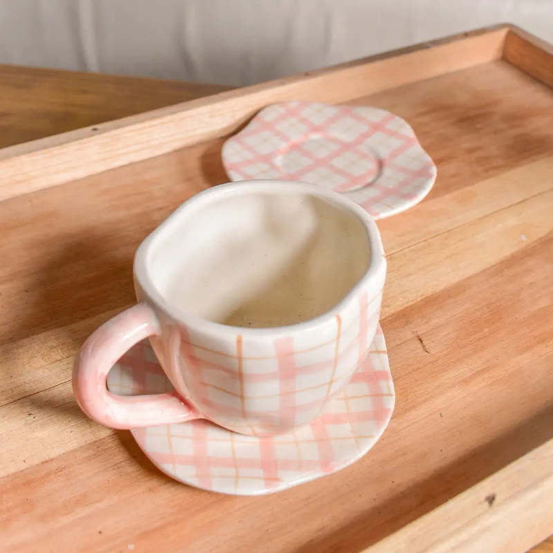 Casa Amarosa Handmade Ceramic Mug & Coaster Set Plaid