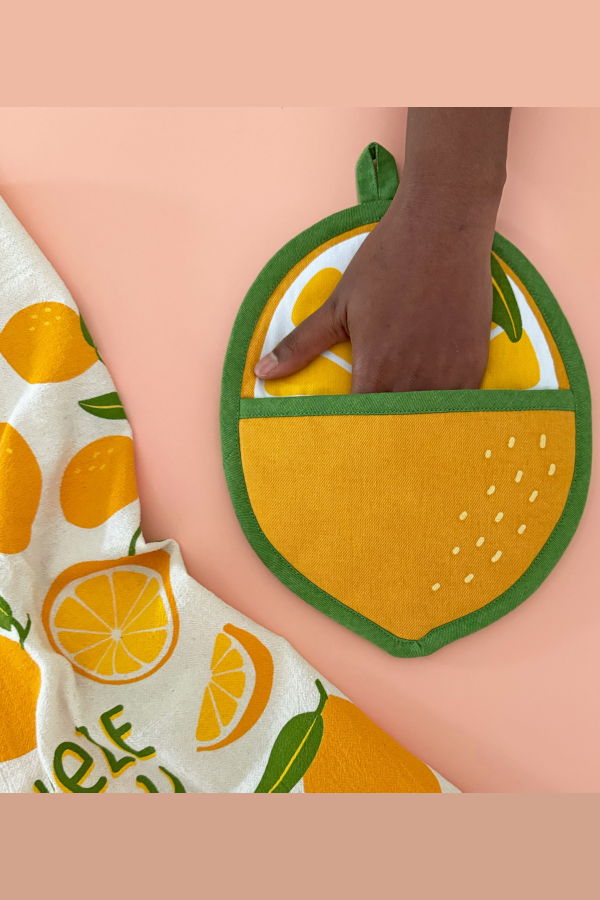 The Neighborgoods Lemon Tea Towel and Pot Holder Set