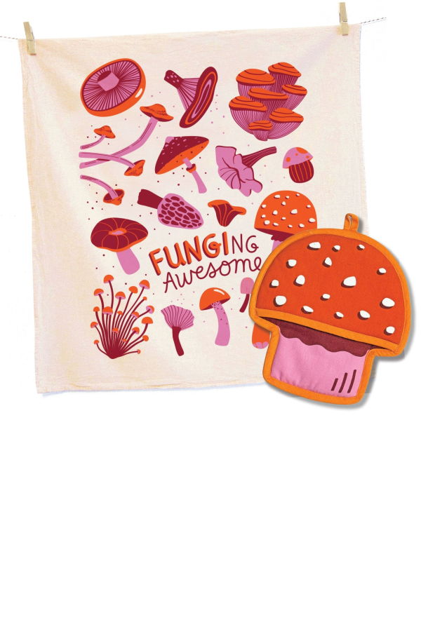 The Neighborgoods Mushroom Tea Towel and Pot Holder Set