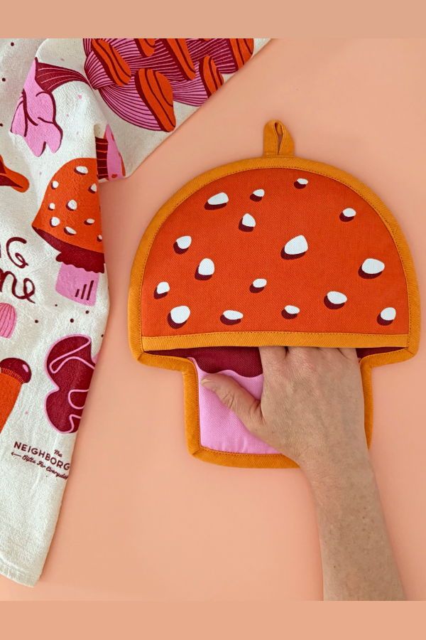 The Neighborgoods Mushroom Tea Towel and Pot Holder Set