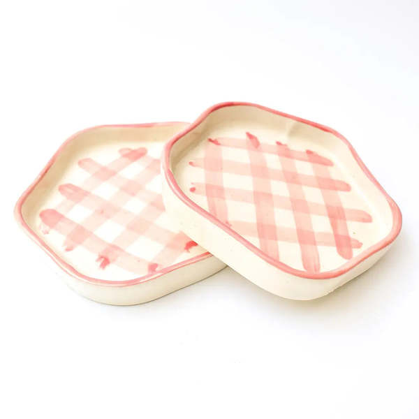 Casa Amarosa S/2 Ceramic Gingham Coasters