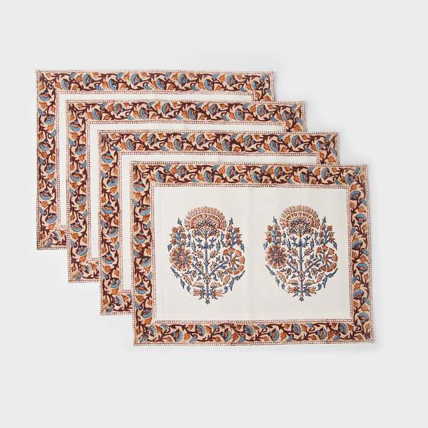 Mela Artisans Saffra Hand Block Printed Cotton Placemats Set of 4