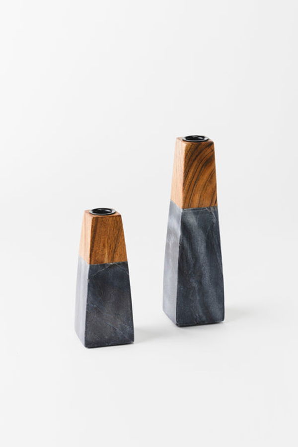 Mela Artisans Tapered Black Marble & Acacia Sculptural Candleholders