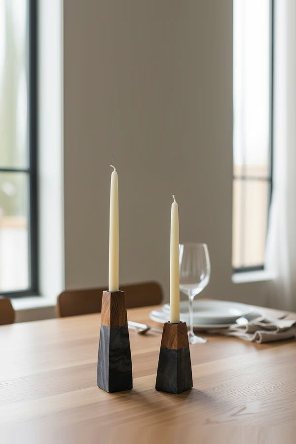 Mela Artisans Tapered Black Marble & Acacia Sculptural Candleholders