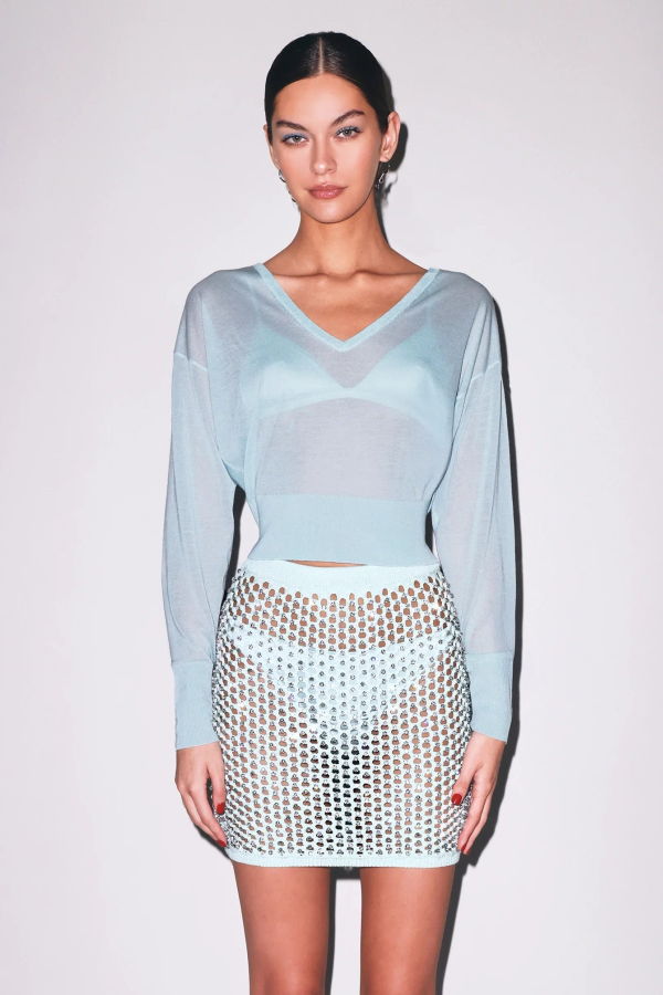 Fleur du Mal Sheer Knit V-Neck Sweater - Frosted Mint