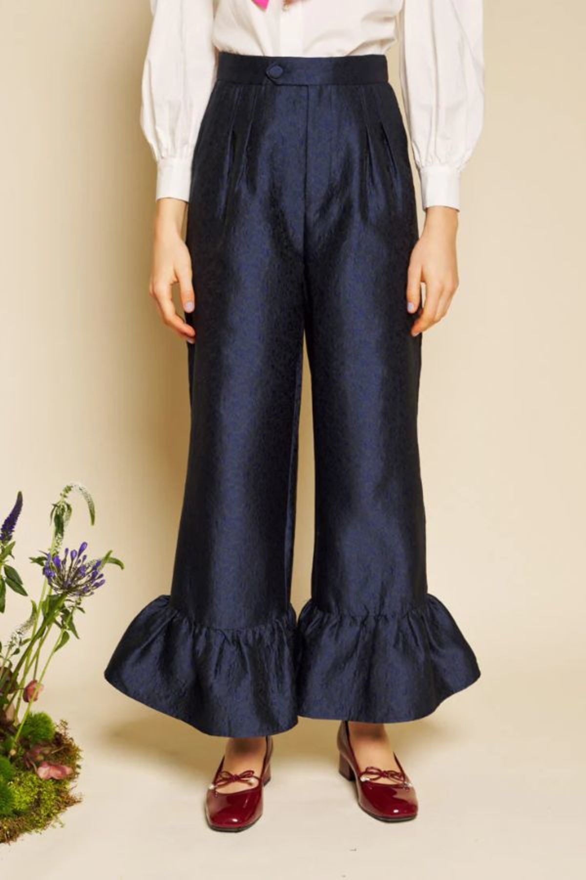 Sister Jane Orchid Jacquard Ruffle Trousers - Navy Blue - Image 2 of 7