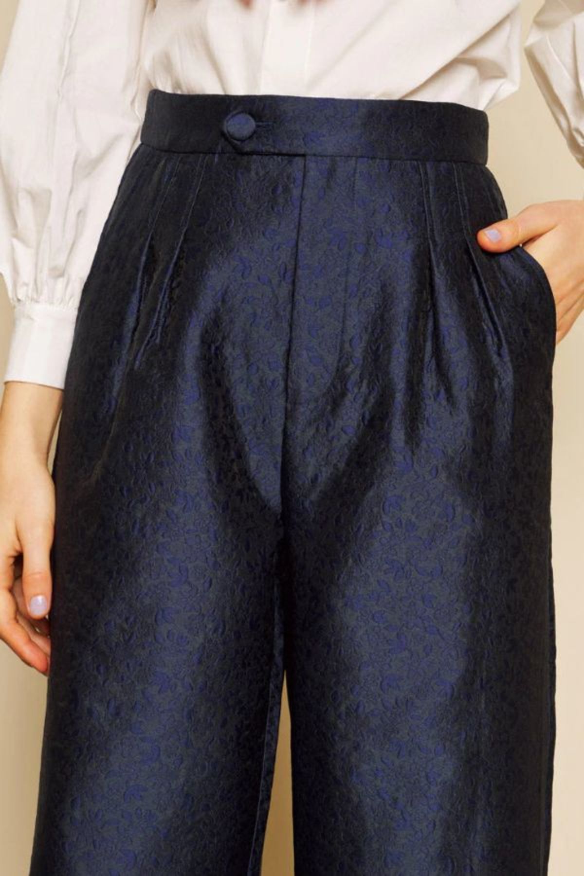 Sister Jane Orchid Jacquard Ruffle Trousers - Navy Blue - Image 3 of 7