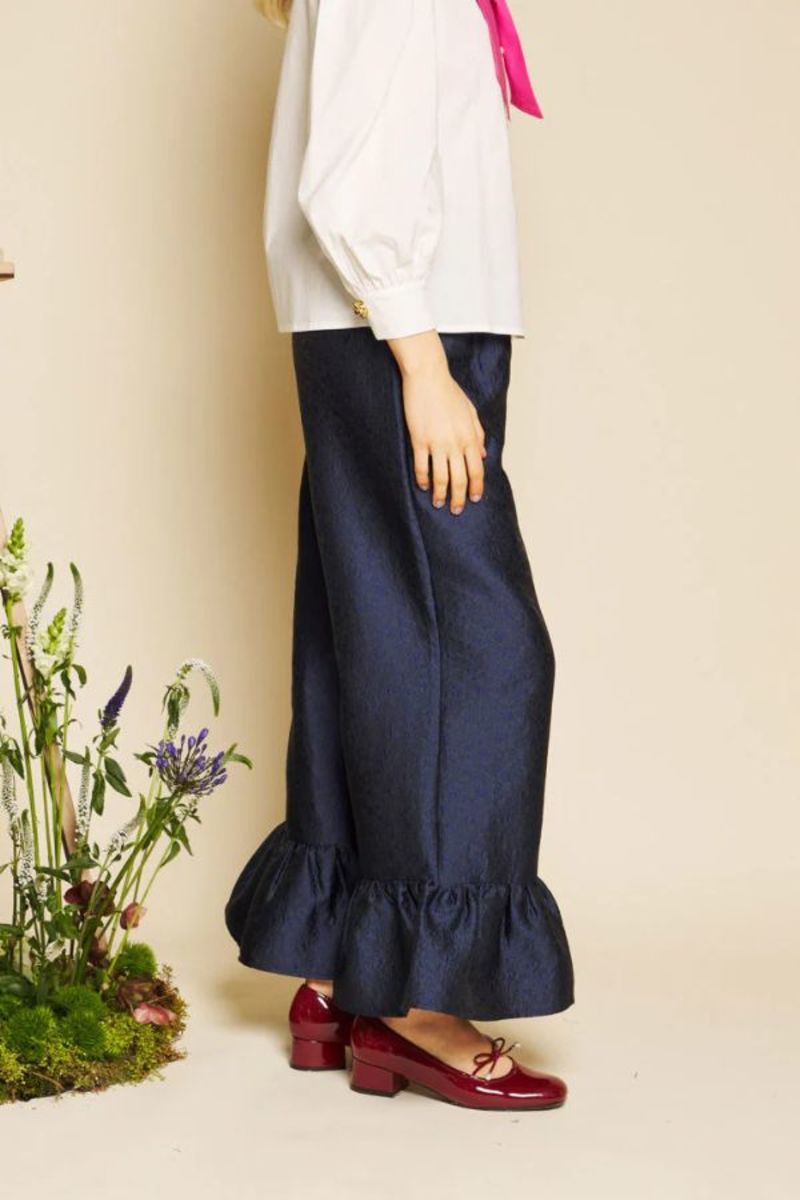 Sister Jane Orchid Jacquard Ruffle Trousers - Navy Blue