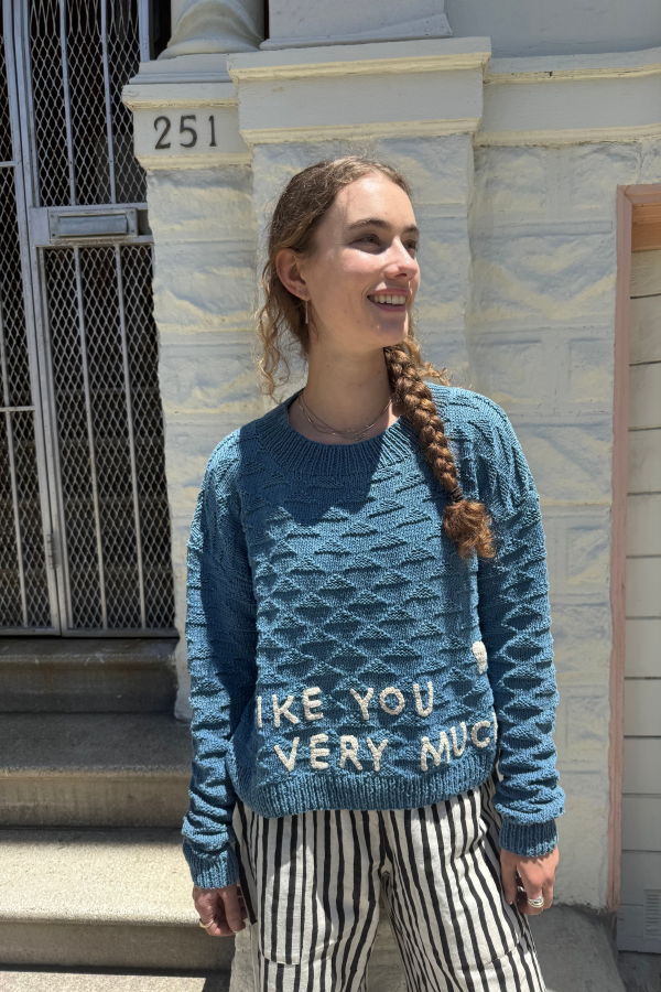 Happy French Gang I Like You Very Much Hand Knit & Natural Dyes & Crochet Appliqué Sweater
