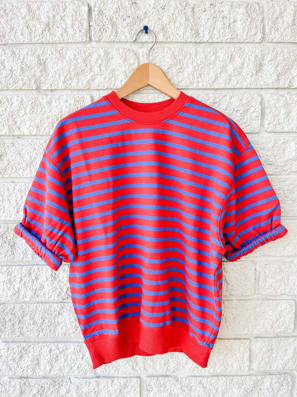 Clare V. Short Sleeve Oversized Sweatshirt - Red/Bright Cobalt Stripes Clare V. Short Sleeve Oversized Sweatshirt - Red/Bright Cobalt Stripes