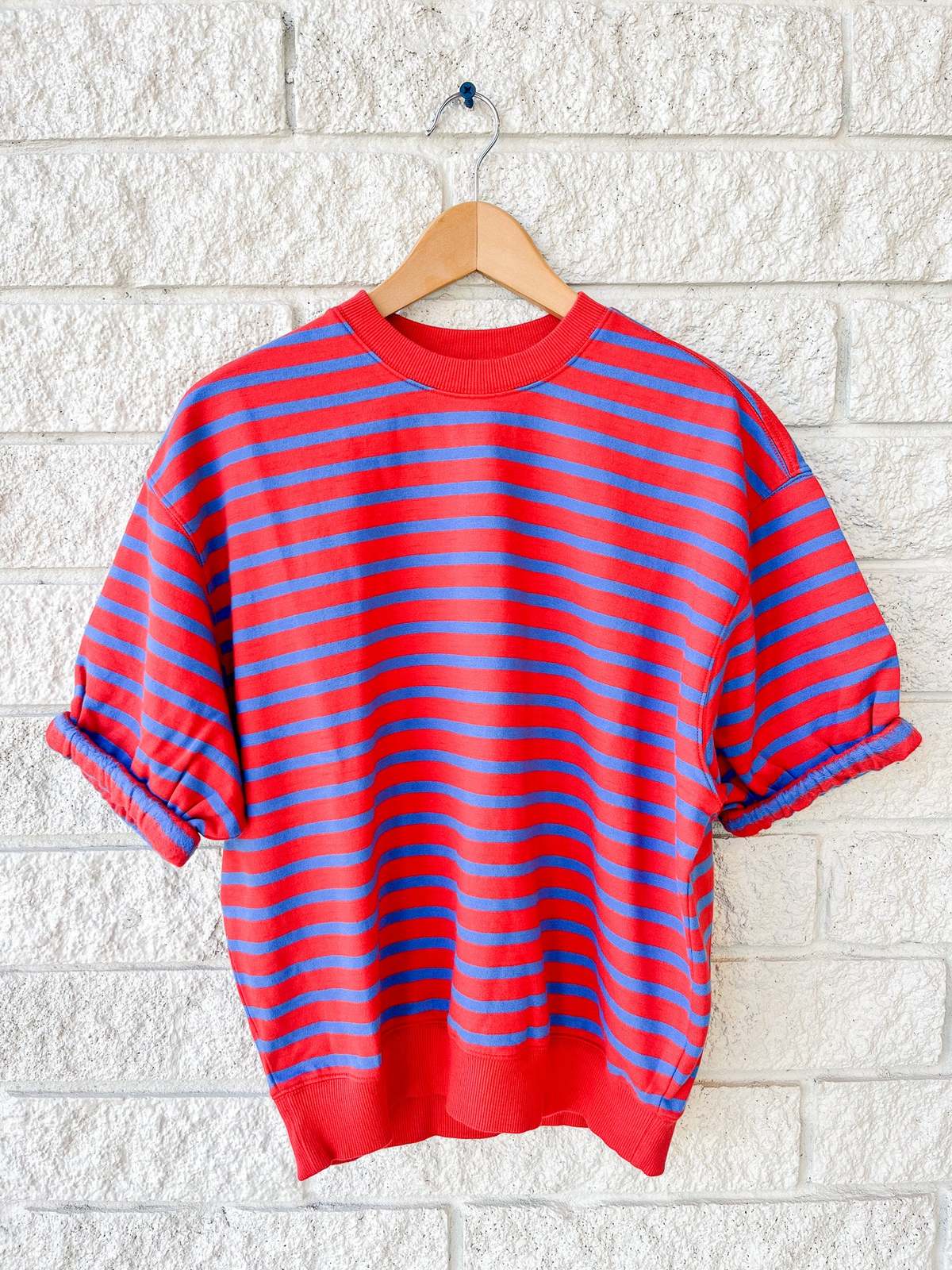 Clare V. Short Sleeve Oversized Sweatshirt - Red/Bright Cobalt Stripes - Image 1 of 4