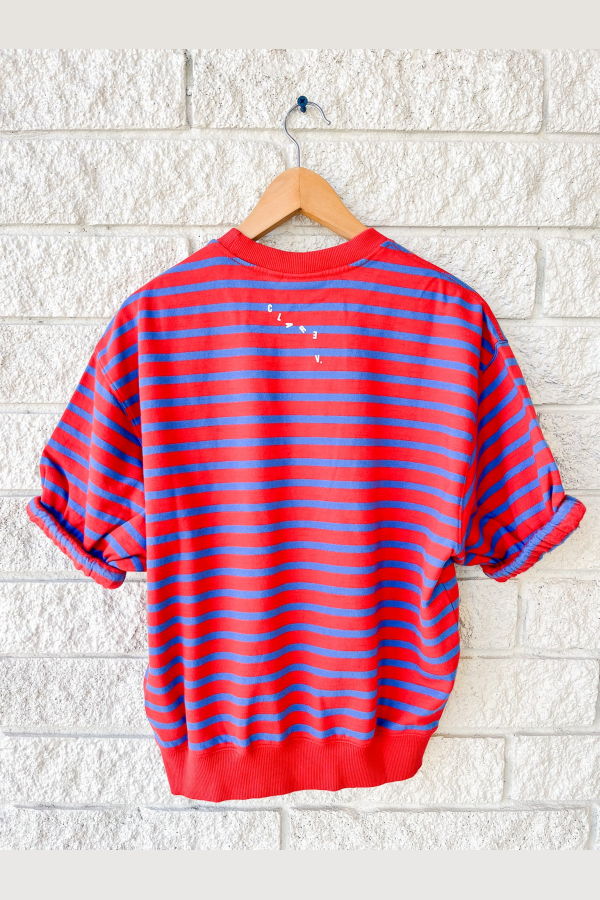 Clare V. Short Sleeve Oversized Sweatshirt - Red/Bright Cobalt Stripes