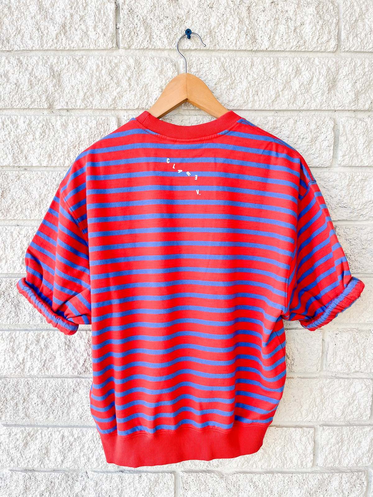 Clare V. Short Sleeve Oversized Sweatshirt - Red/Bright Cobalt Stripes - Image 2 of 4