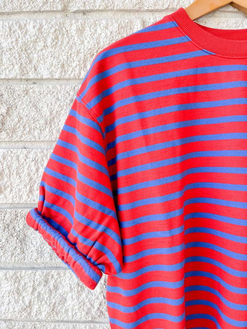 Clare V. Short Sleeve Oversized Sweatshirt - Red/Bright Cobalt Stripes