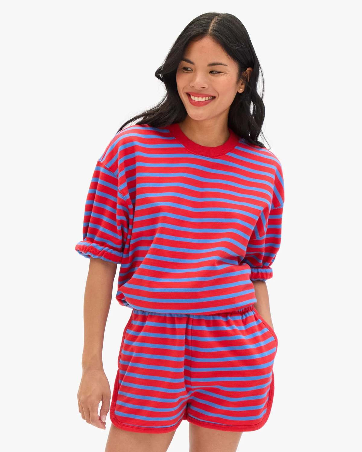 Clare V. Short Sleeve Oversized Sweatshirt - Red/Bright Cobalt Stripes - Image 4 of 4
