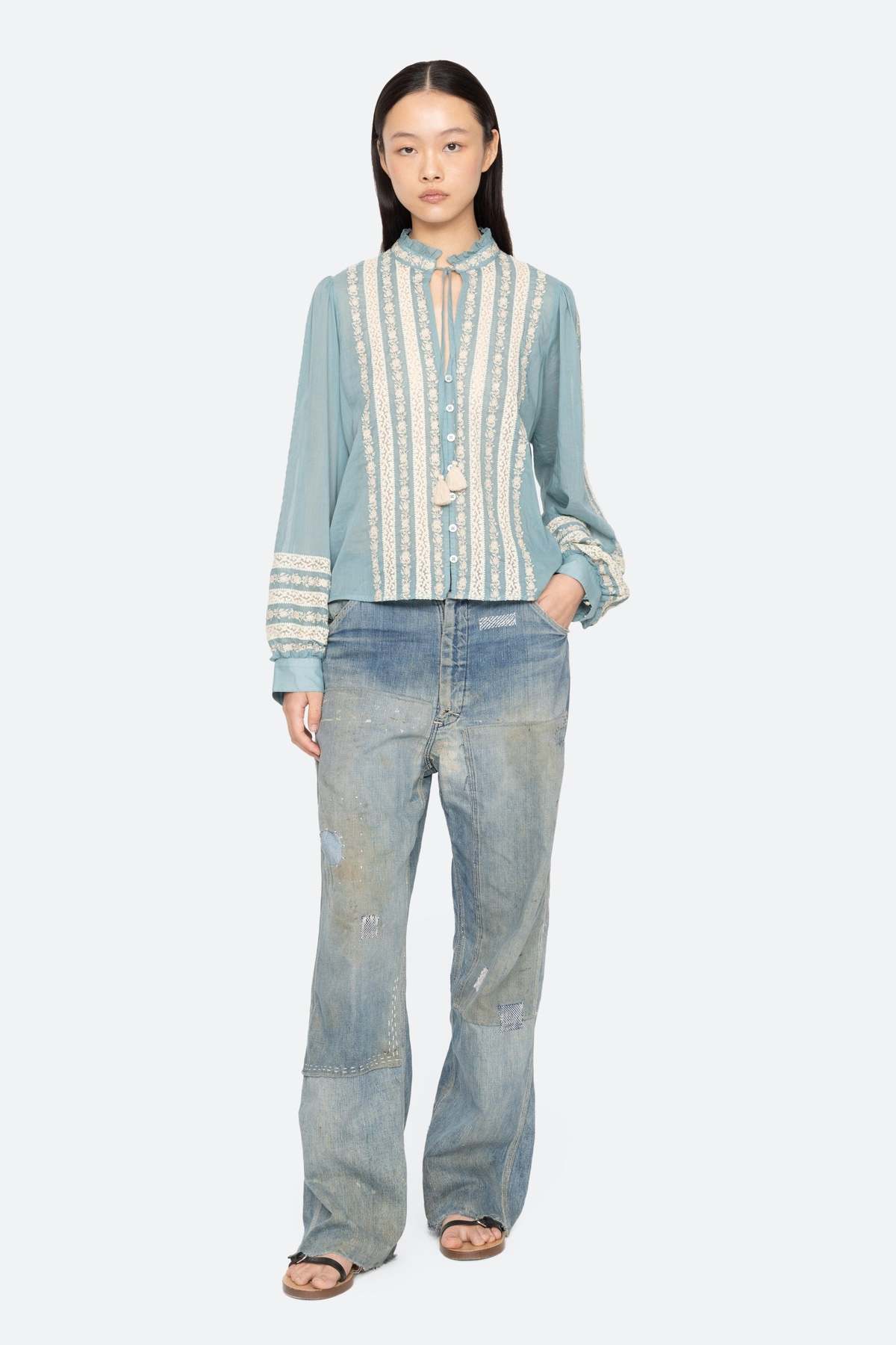 Sea NY Kirsten Print Long Sleeve Top - Sky - Image 2 of 10