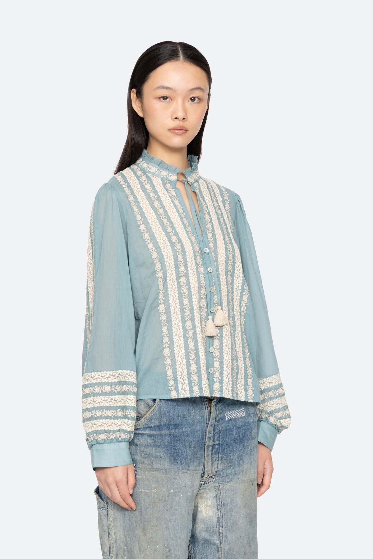Sea NY Kirsten Print Long Sleeve Top - Sky - Image 5 of 10
