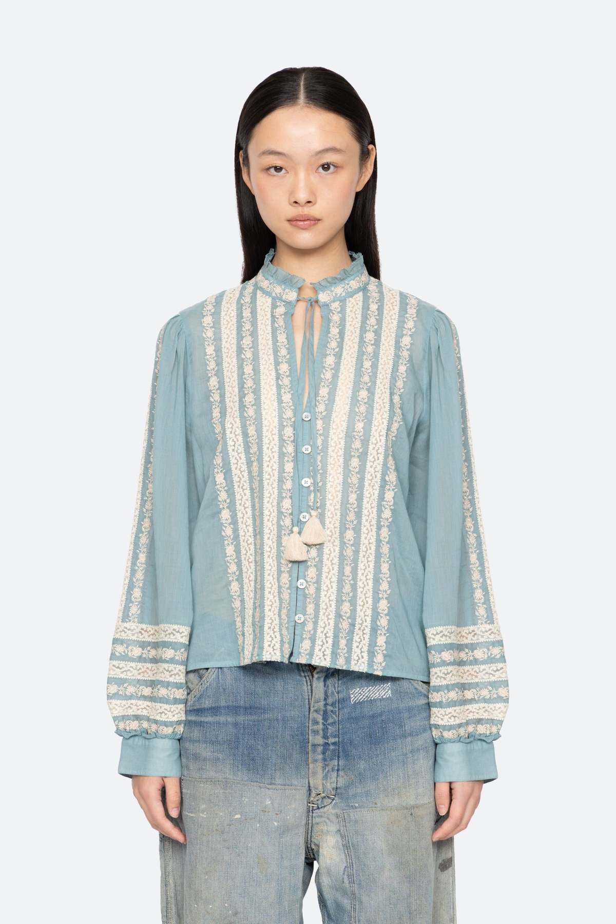 Sea NY Kirsten Print Long Sleeve Top - Sky - Image 6 of 10