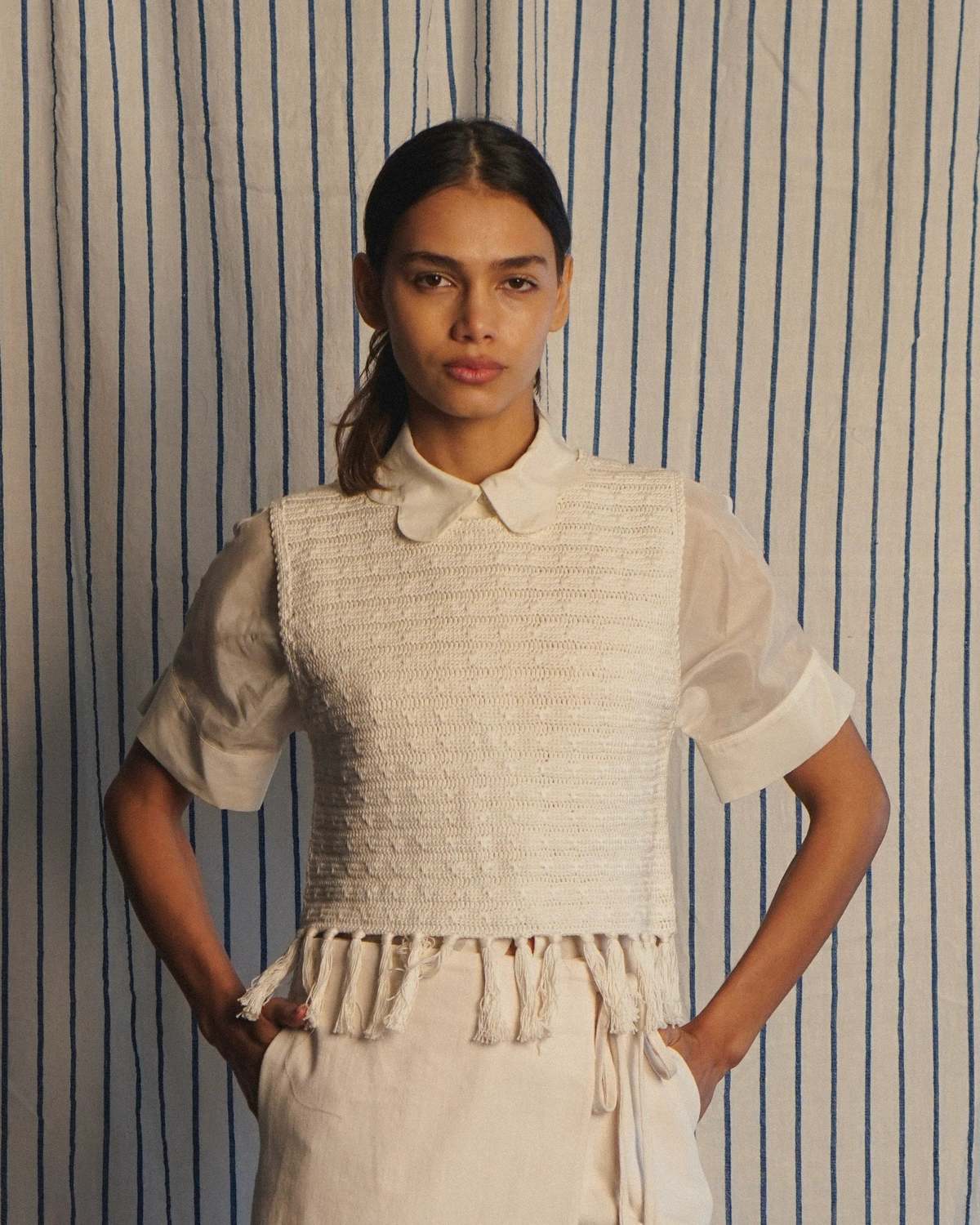 PROCHE Fringe Hem Crocheted Vest - Cream - Image 3 of 4