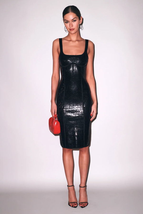 Fleur du Mal Sequin Knit Bodycon Midi Dress - Black