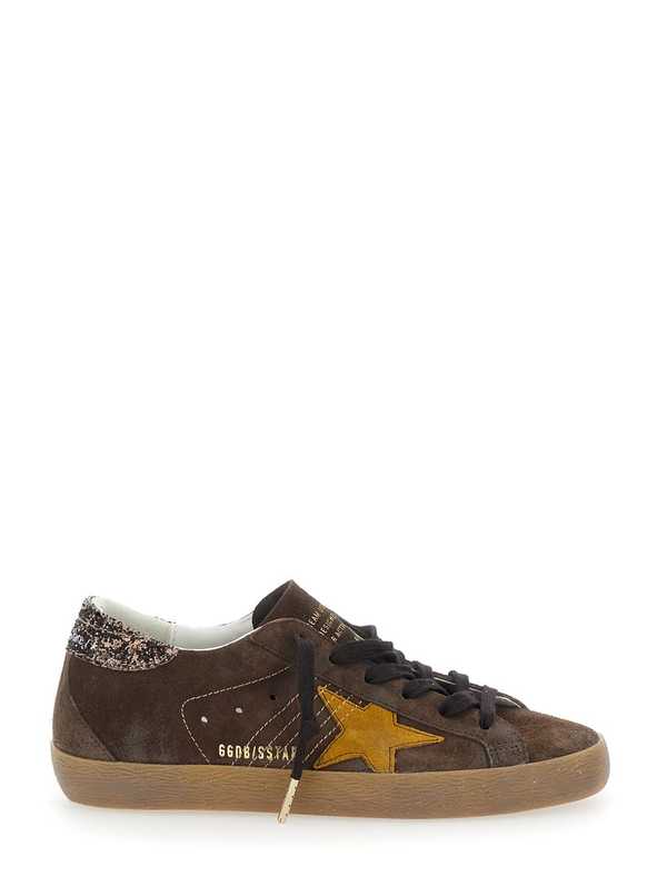 Golden Goose Super-Star Sneakers With Suede Upper and Glitter Detail on Brown Heel - Brown