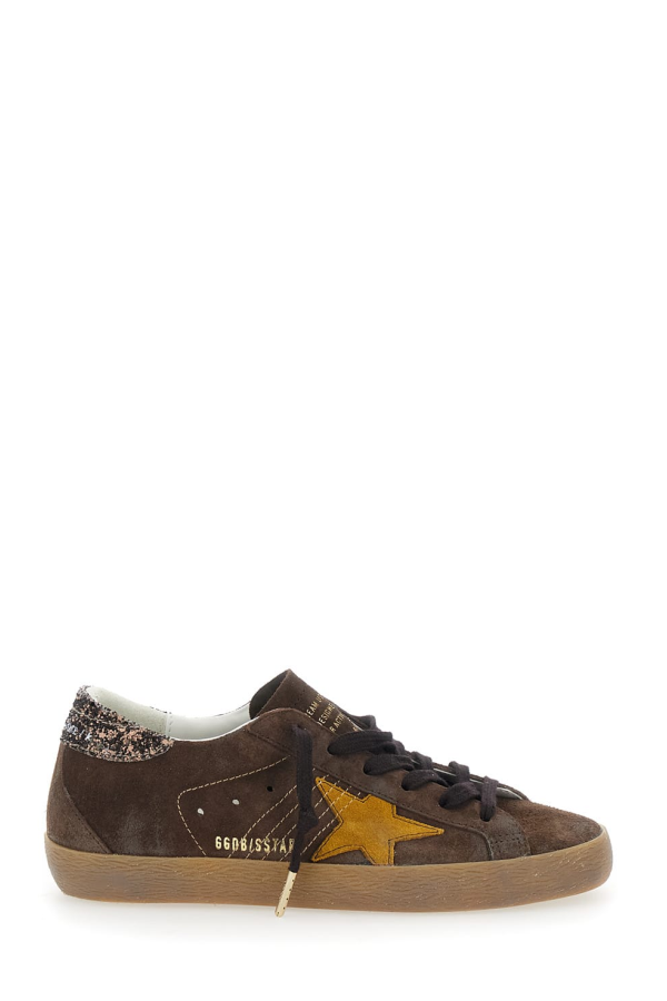 Golden Goose Super-Star Sneakers With Suede Upper and Glitter Detail on Brown Heel - Brown