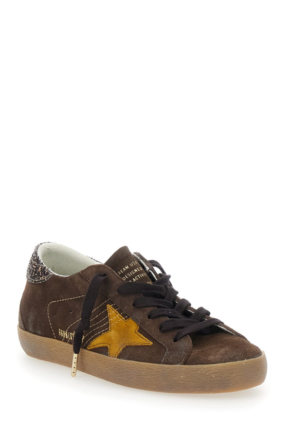 Golden Goose Super-Star Sneakers With Suede Upper and Glitter Detail on Brown Heel - Brown