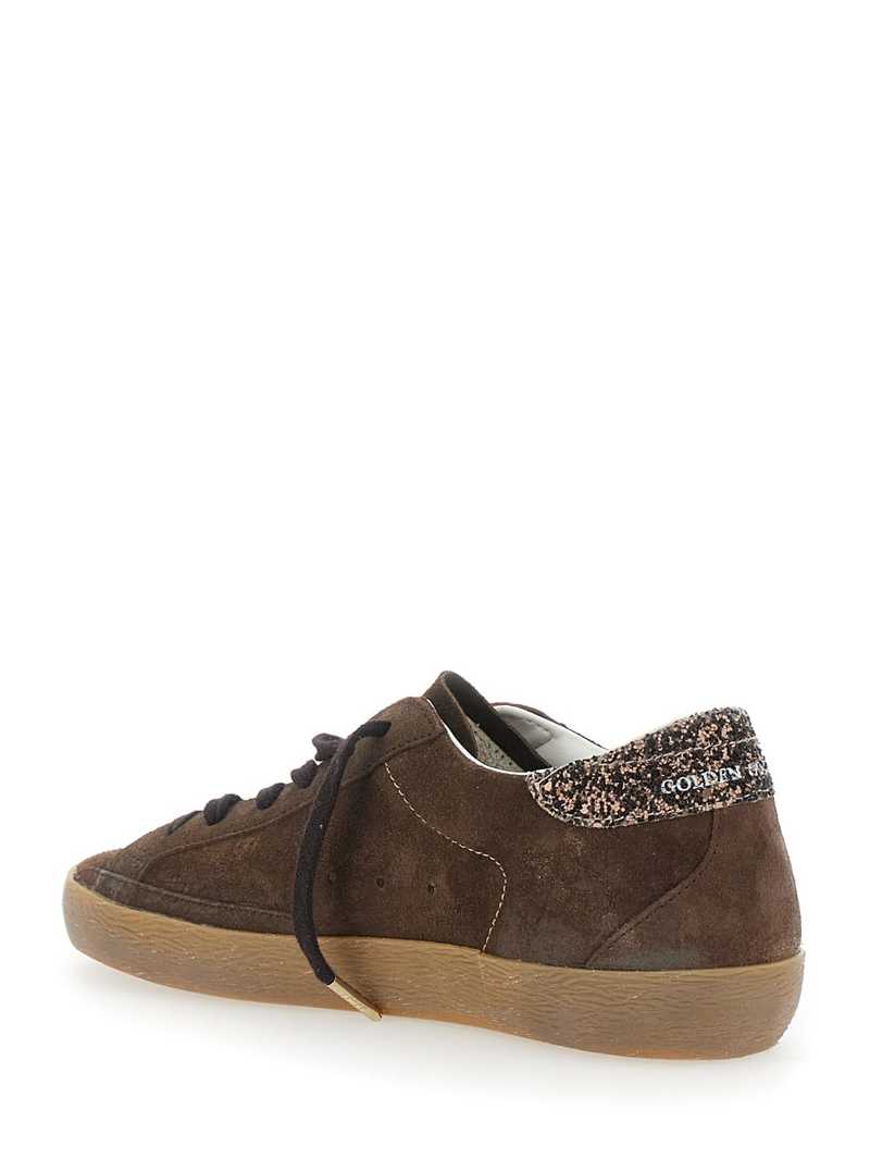 Golden Goose Super-Star Sneakers With Suede Upper and Glitter Detail on Brown Heel - Brown