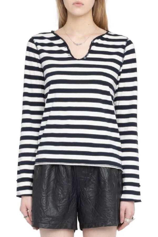 Zadig & Voltaire Long Sleeve Striped Henley with Back Logo T-Shirt