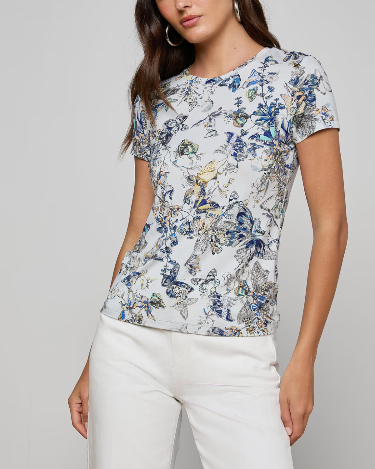 L'agence Ressi Fitted Tee - Grey Multi Watercolor Butterfly - Image 2 of 7