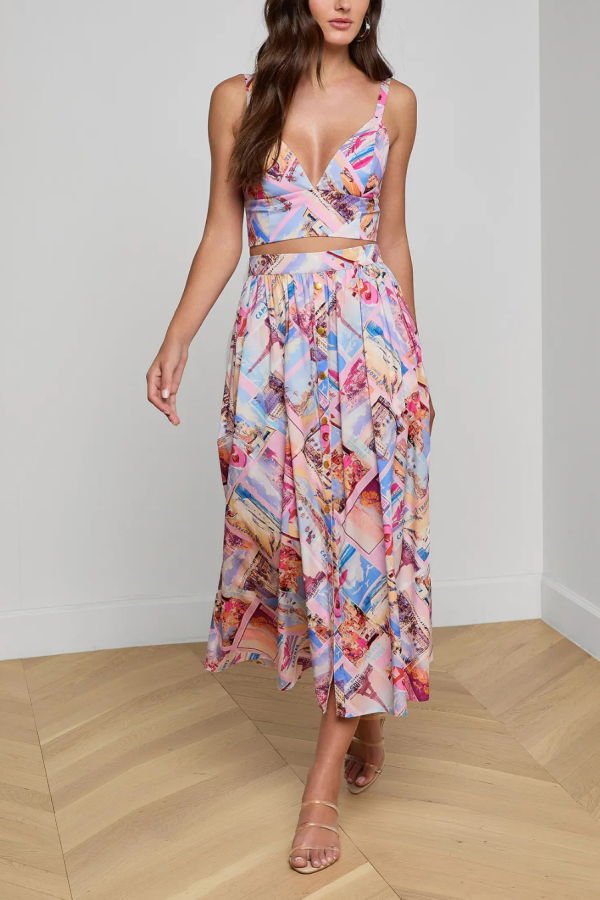 L'agence Seina Midi Skirt - Light Pink Multi Postcard Print