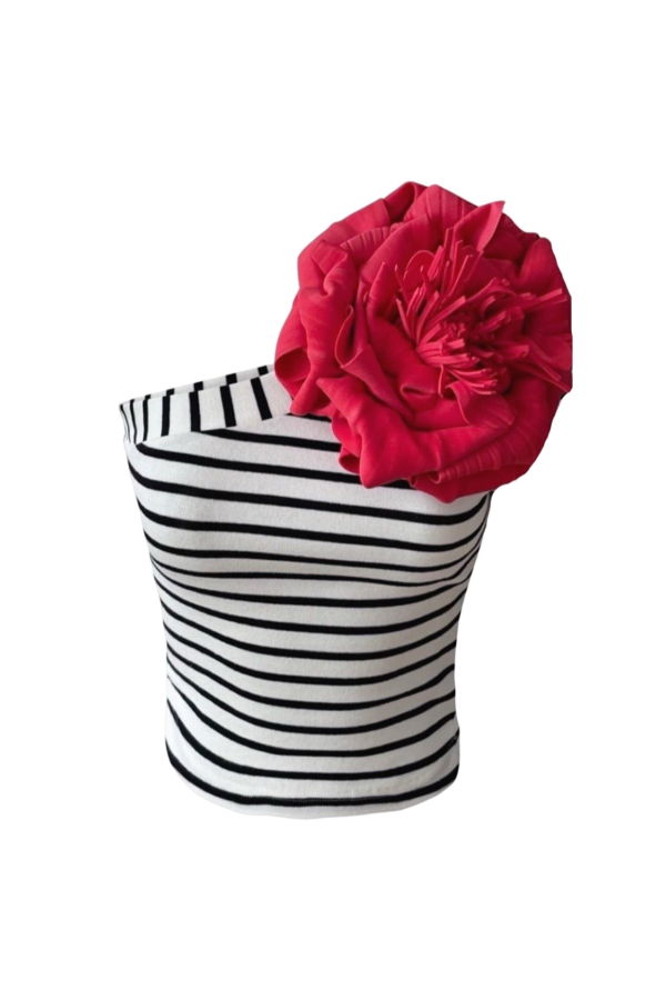 London Atelier Byproduct Striped One Shoulder Top with Red Flower Pin
