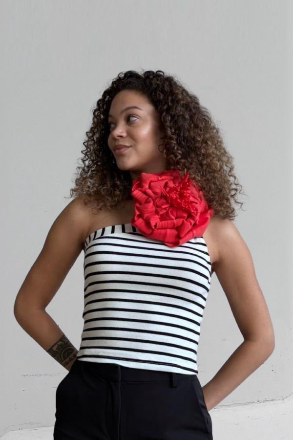 London Atelier Byproduct Striped One Shoulder Top with Red Flower Pin