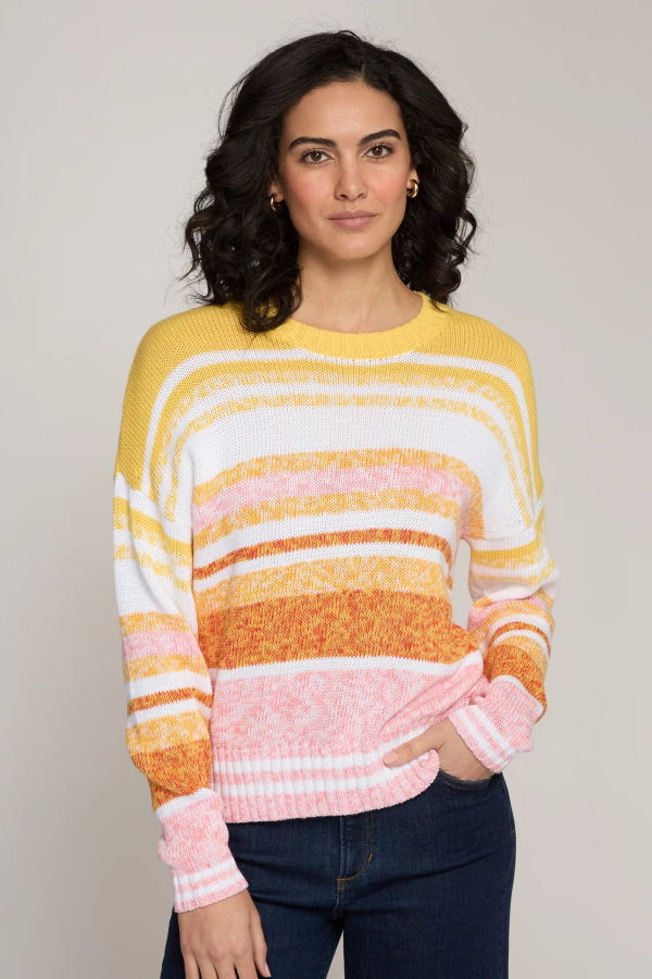 Autumn Cashmere Marled Striped Crew Neck Sweater - Sunset Combo