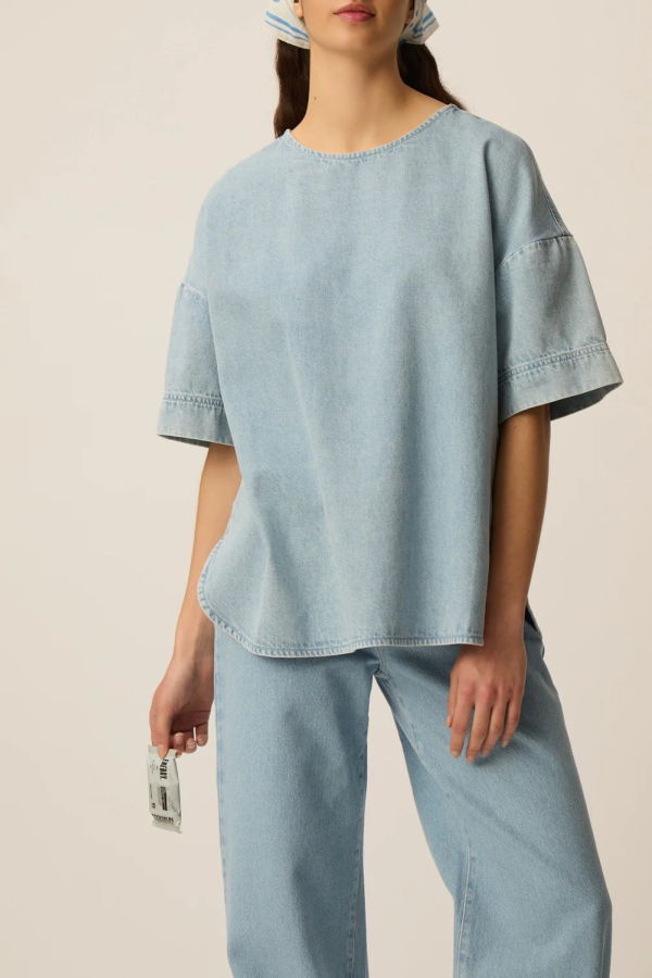 Des Petits Hauts Loris Denim Top - Bleach Blue