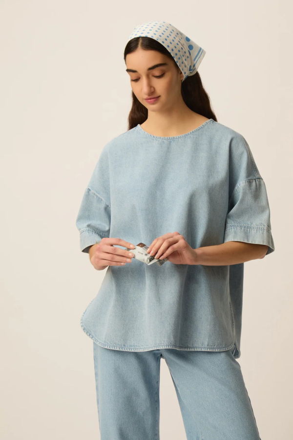 Des Petits Hauts Loris Denim Top - Bleach Blue