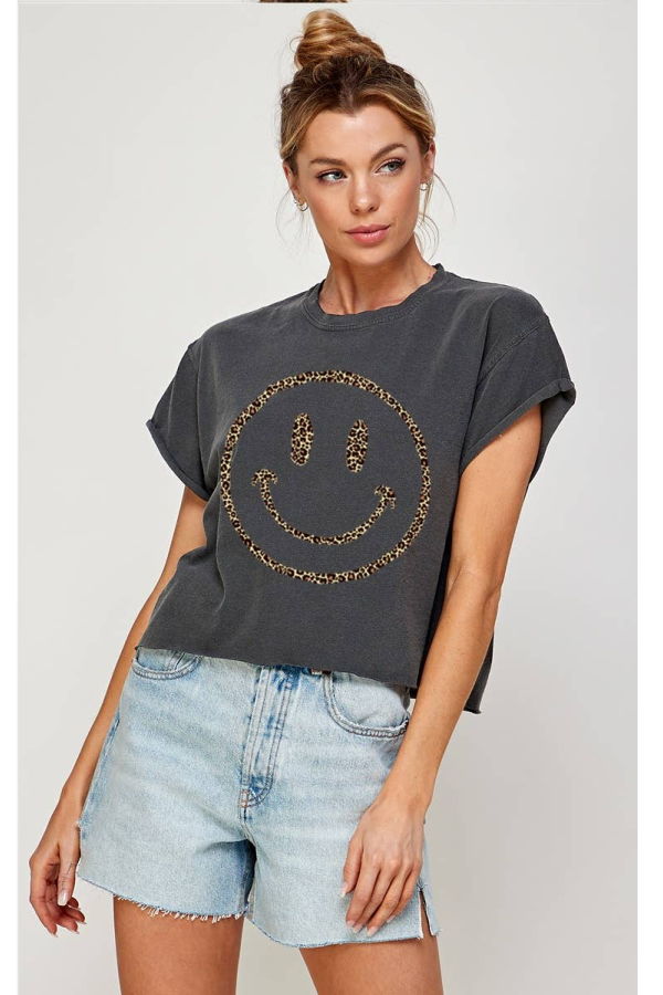Illustrated Society Smile Face Vintage Graphic Crop Tee - Pepper