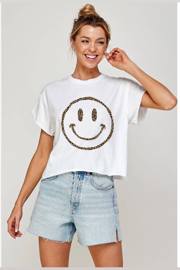 Illustrated Society Smile Face Vintage Graphic Crop Tee - Pepper