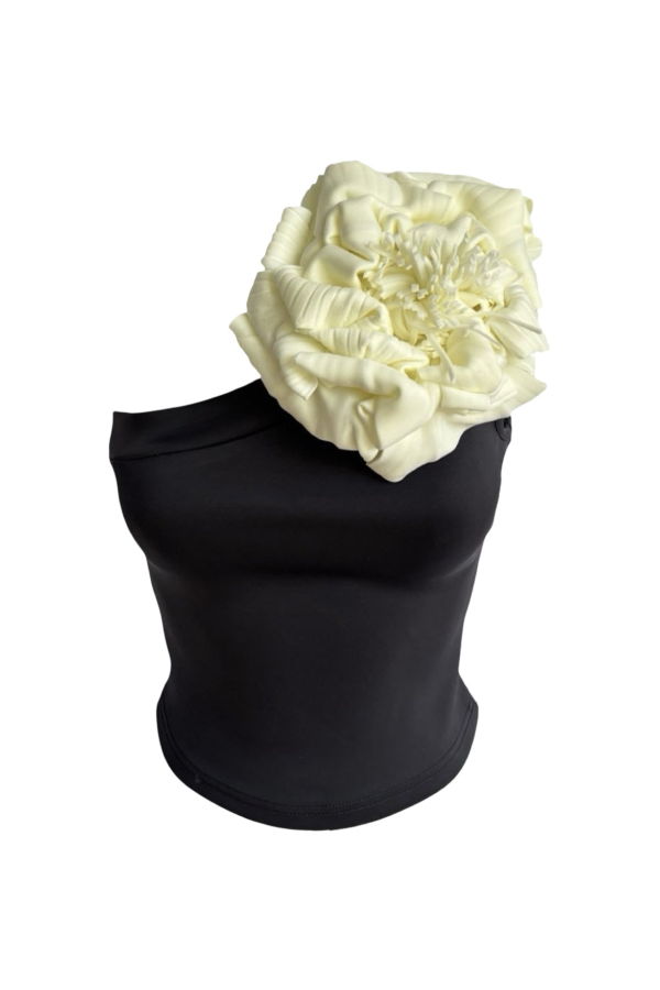 London Atelier Byproduct Black One Shoulder Top with White Flower Pin Top