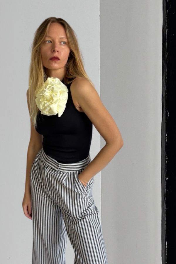 London Atelier Byproduct Black One Shoulder Top with White Flower Pin Top