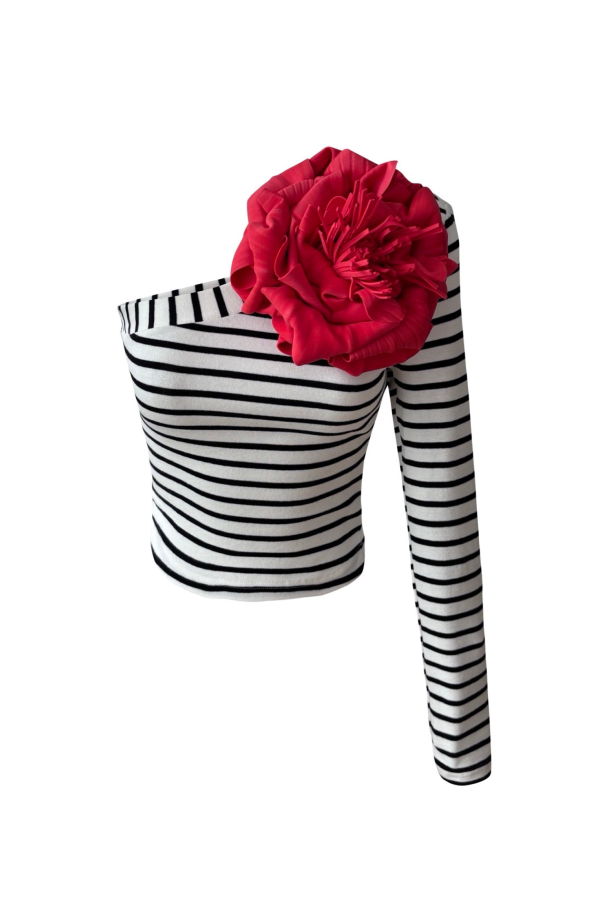 London Atelier Byproduct Striped One Sleeve Top with Red Flower Pin Top