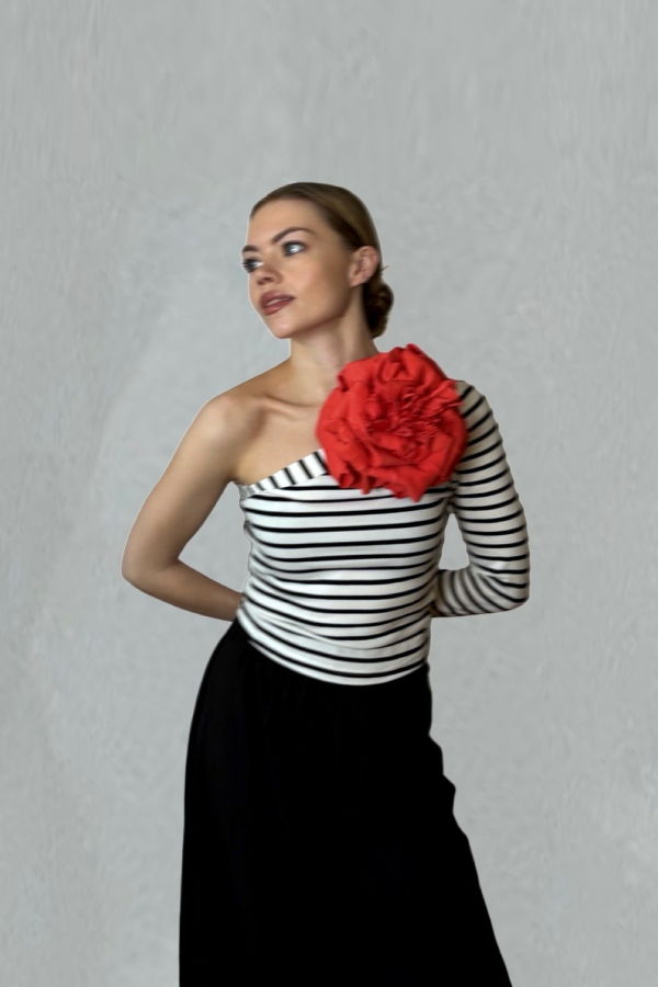 London Atelier Byproduct Striped One Sleeve Top with Red Flower Pin Top