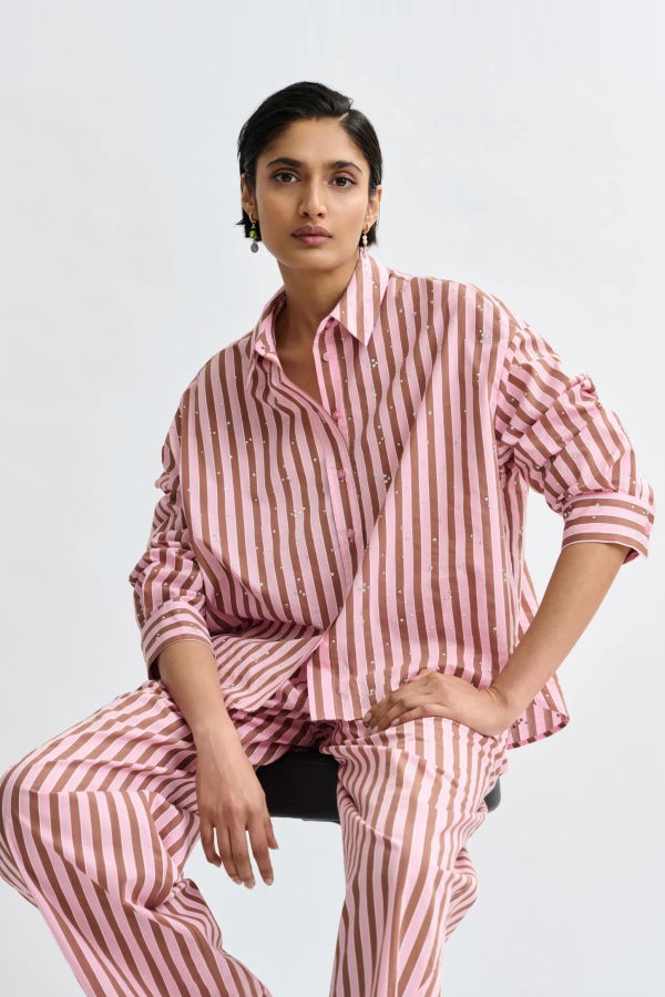Essentiel Antwerp Jelief Striped Cotton Shirt with Rhinestone Embellishments