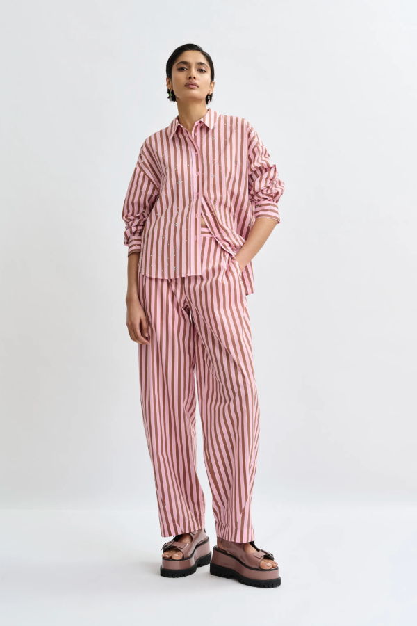 Essentiel Antwerp Jelief Striped Cotton Shirt with Rhinestone Embellishments