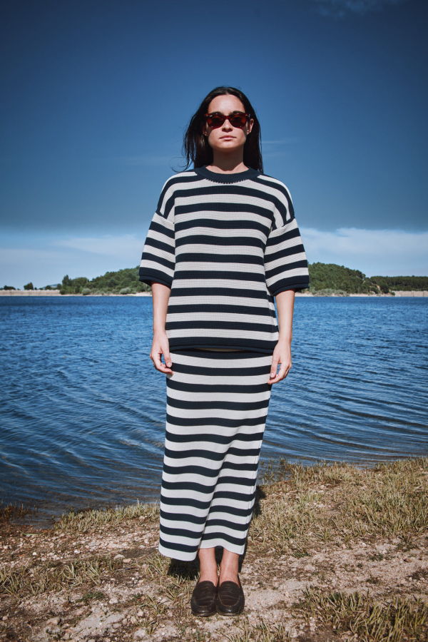 L'ENVERS Cecile Organic Cotton Straight Midi Skirt - Navy Blue/Off White Stripes